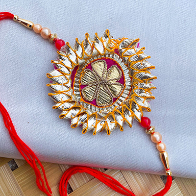 Evergreen Gota patti design traditional handmade purple base rakhi for bhaiya