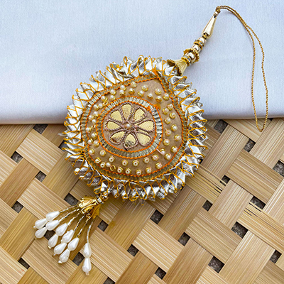 Cheed base design traditional Gota patti handmade golden rakhi for bhabhi