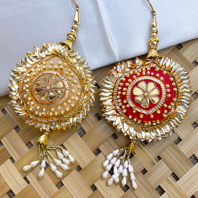 Handmade golden and pink rakhi combo of gota Patti base design for bhabhi